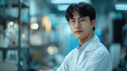 Fototapeta premium Title: Confident young scientist in a laboratory, wearing glasses and a white lab coat, with a focused expression 