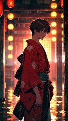 Obraz premium anime boy in red kimono character illustration cartoon design
