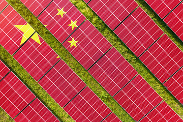 Solar farm superimposed with flag of China. Symbolizing solar power and panel demand, renewable...