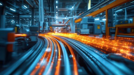 A factory with a lot of machinery and a lot of orange lights