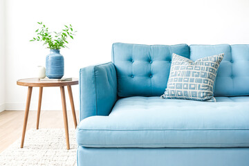 Fototapeta premium Blue Sofa with Geometric Pillow and Wooden Side Table