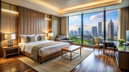 Fototapeta premium Spacious modern hotel guest room interior featuring a comfortable king-size bed, sleek wooden furniture, and floor-to-ceiling windows overlooking the vibrant Jakarta cityscape.
