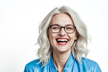 Fototapeta premium Portrait of a smiling woman with blonde hair wearing glasses