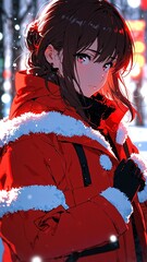 anime girl in red winter coat character illustration cartoon design