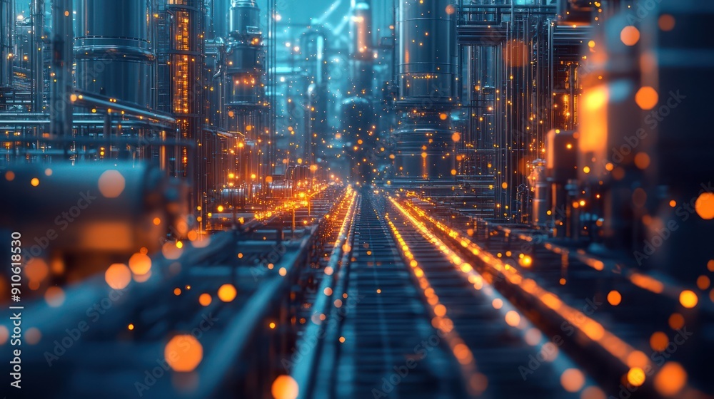 Poster a cityscape with a train running through it