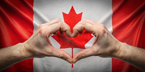 Two hands form a heart shape around the Canadian flag, symbolizing love, support, and patriotism for the nation, conveying a sense of national pride and unity.