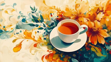 A cup of tea is sitting on a white plate with a colorful background