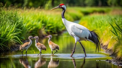 Naklejka premium Two majestic Red-crowned cranes, their grey and white feathers glistening, proudly lead their two tiny chicks through a serene and lush wetland habitat.