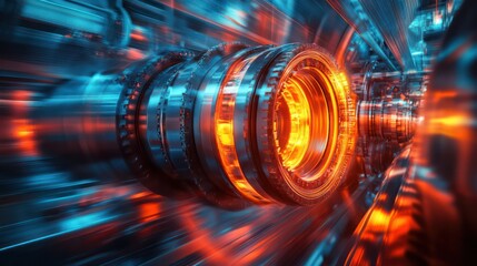 A futuristic looking machine with a red and orange glow