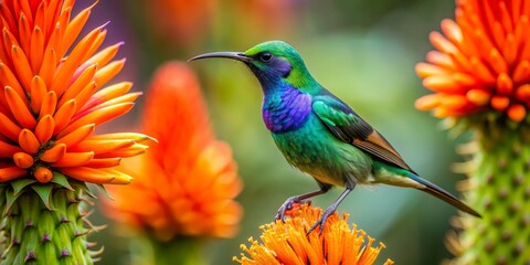 Fototapeta premium Vibrant amethyst sunbird with iridescent feathers perches delicately on a blooming aloe flower, its bright orange beak and legs a striking contrast to the lush green backdrop.