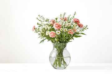 Fototapeta premium Pink and White Bouquet in Glass Vase on White Table