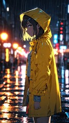 Obraz premium anime girl in yellow raincoat character illustration cartoon design