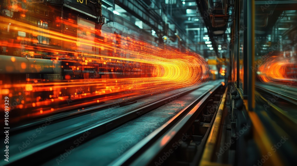 Poster A train is shown in motion with a bright orange line trailing it