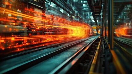 Fototapeta premium A train is shown in motion with a bright orange line trailing it