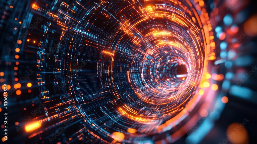 Poster A computer generated image of a tunnel with a bright orange light at the end