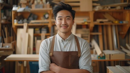 Young woodworker smiling confidently in workshop, wearing apron, surrounded by woodworking tools and materials
