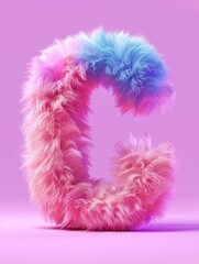 Fototapeta premium Fluffy letter C in vibrant pink and blue hues against a soft purple background, showcasing a whimsical furry typography design.