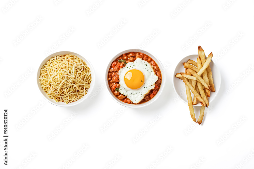 Poster Fried Egg, Noodles, and French Fries in White Bowls