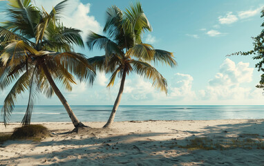 Beautiful Seaside Scenery with Coconut Trees and Empty Beach Space for Relaxation and Vacation Concepts. Perfect Tropical Getaway.