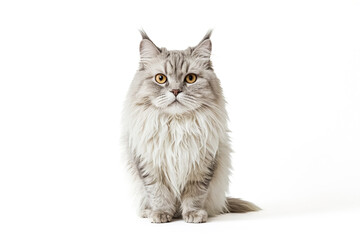 Obraz premium Fluffy Cat Sitting on White Background