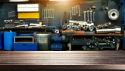 A metal blank tabletop with blurred automotive tools and parts in the background suitable for promoting automotive products