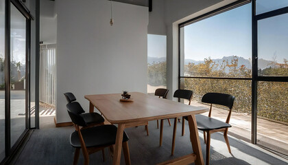 奥行きのあるテーブルと無地の壁。広い空間のイメージ素材。A deep table and plain walls create the image of a spacious space.