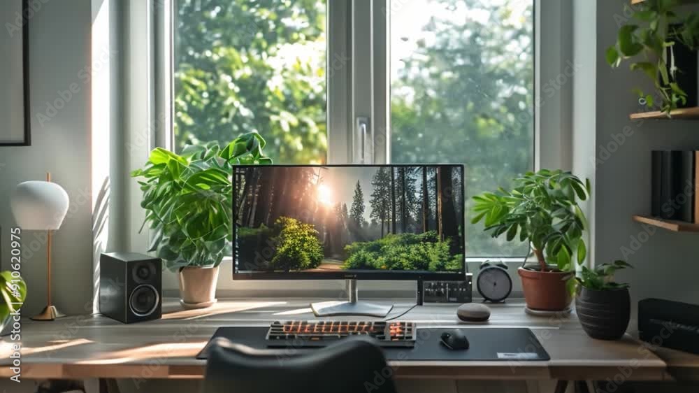 Poster This stylish workspace filled with greenery and warm sunlight filtering through windows.