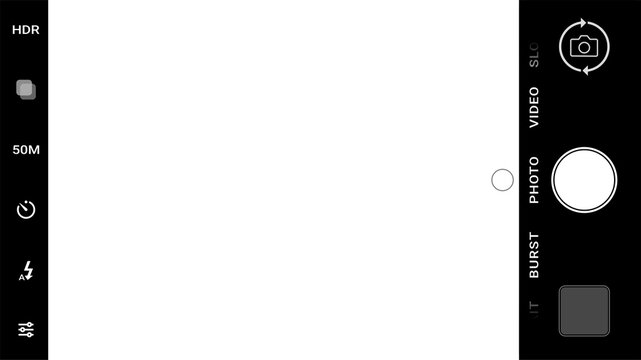 Horizontal phone camera photo screen capture overlay on transparent background, smartphone cam shutter taking shot frame design template, digital mobile photography mode display interface mockup