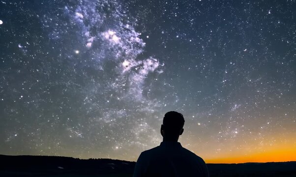 Handsome man looking up at the night sky with stars.