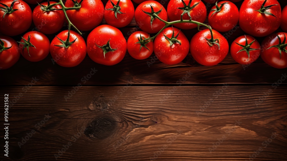 Poster Fresh red tomatoes arranged on a wooden surface, showcasing their vibrant color and natural shine background.