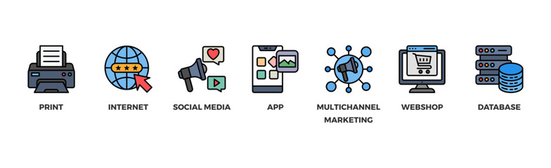 Cross-media banner web icon illustration concept with icon of print, internet, social media, app, multichannel marketing, webshop and database	