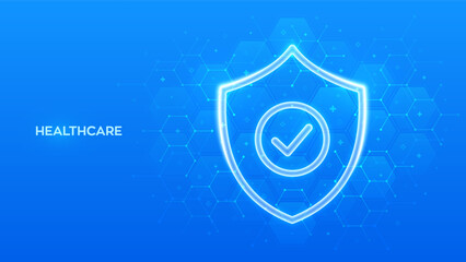 Protection shield with Check mark icon. Healthcare, Medical services. Life insurance symbol. Virus protection. Health care, Medicine. Blue medical background with hexagons. Vector illustration.