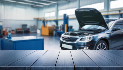 Empty wood table top with car service centre auto repair workshop blurred background