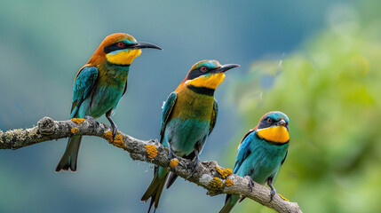 beautiful colored birds perching on tree branches