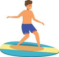 Young man is balancing on a surfboard, enjoying a summer day at the beach