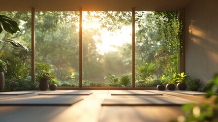 Early morning yoga class with serene backdrop in a serene room with floor-to-ceiling windows offering a breathtaking view of mountains and a lake.