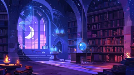 Enchanting Library Scene with Books, Candles, and Crescent Moon on Ceiling, Perfect for Artistic Travel and Literary Inspiration
