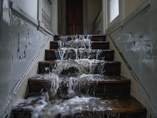 Water Overflowing Down Stairs in Abandoned House During Rainy Weather in Early Morning