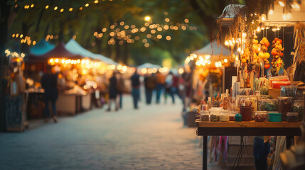 A bustling September art and craft fair featuring local artistsâ€™ work, handcrafted items, and colorful fall decorations