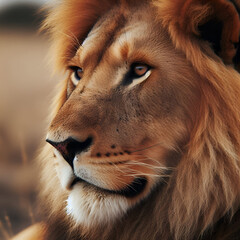 close-up of a lion in the African savannah.