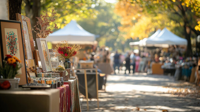 A bustling September art and craft fair featuring local artistsâ€™ work, handcrafted items, and colorful fall decorations