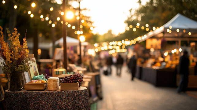 A bustling September art and craft fair featuring local artistsâ€™ work, handcrafted items, and colorful fall decorations