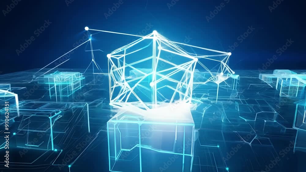 Poster an intricate digital network displays glowing 3d geometric shapes and structures in a high-tech envi