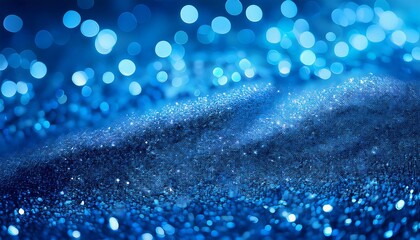 青 ブルー グリッター 輝き ボケ効果 光 煌めき テクスチャー クローズアップ 祝祭感 撮影 表面 装飾 美しい 色彩 鮮やか 柔らかい背景 光の点 写真 明るい