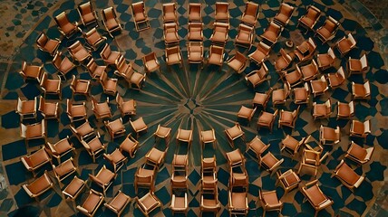 Overhead shot of chairs arranged in a circular patt