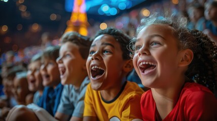 Excited children watching a show at a circus or amusement park. Illustrator for Commercial use, 300 dpi, Not a real event
