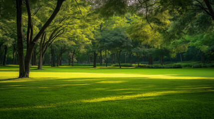 Obraz premium A lush park scene with vibrant greens and gentle summer light