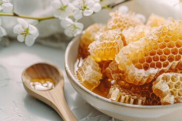 Fresh honeycomb in a bowl with a wooden spoon and white flowers.