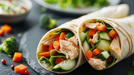 Close-up of two fresh vegetable wraps on a slate board, featuring carrots, cucumbers, and greens,...