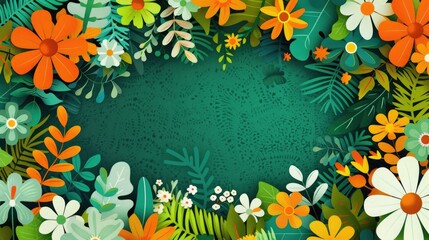 Obraz premium Colorful paper-cut flowers and leaves frame with a green textured background, perfect for spring or summer themes.
